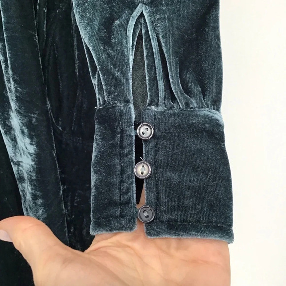 Elle Rae Velvet Shirt Dress Button-Up Stand Collar Midi Green Dress Size S - Picture 5 of 8